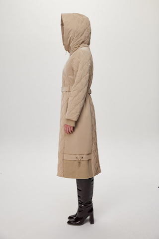 Kapüşonlu Kemer Detaylı Kapitone Mont Bej Mont 13973