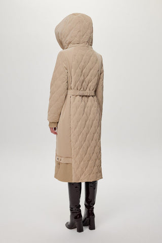 Hooded Quilted Jacket with Belt Detail, Beige Jacket 13973