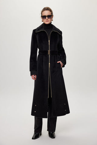 Fermuar Ve Kemer Detaylı Peluş Kaban Siyah Kaban 14000