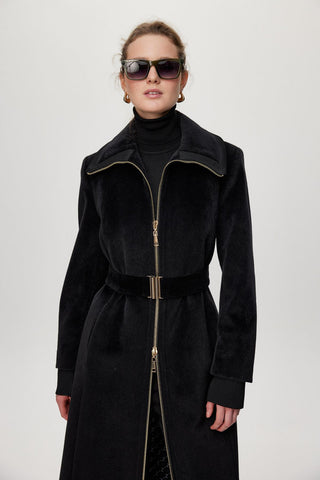 Fermuar Ve Kemer Detaylı Peluş Kaban Siyah Kaban 14000