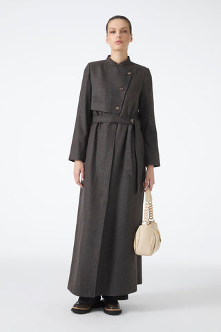 Mandarin Collar Button Detail Belted Trench Coat Coffee Brown Trench Coat 14001