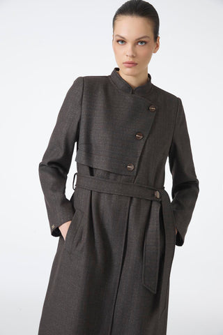 Mandarin Collar Button Detail Belted Trench Coat Coffee Brown Trench Coat 14001
