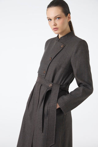 Mandarin Collar Button Detail Belted Trench Coat Coffee Brown Trench Coat 14001