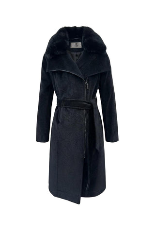 Fur Collar Belt Detail Coat Black Coat 14025