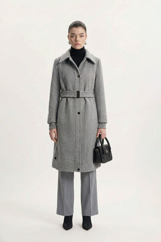 Wide Collar Belted Gray Cashmere Coat 14041