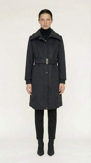 Geniş Yaka Kemerli Kaşe Siyah Kaban 14041