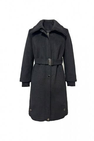 Wide Collar Belted Cashmere Black Coat 14041