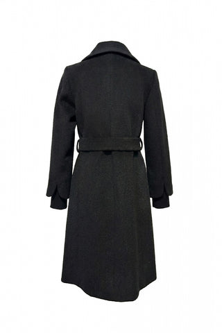 Wide Collar Belted Cashmere Black Coat 14041