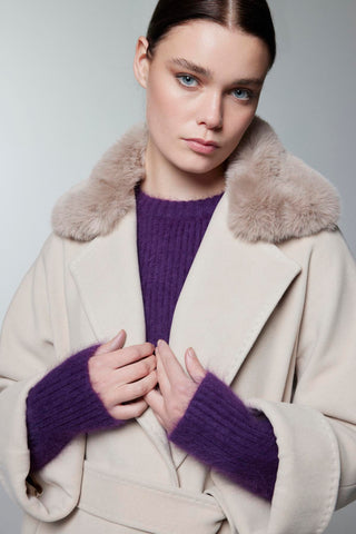 Kürk Yaka Detaylı Kuşaklı Bej Kaban 14086