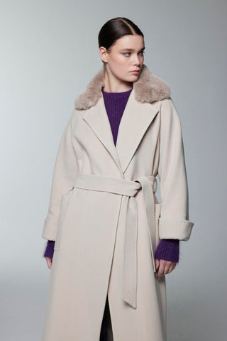 Kürk Yaka Detaylı Kuşaklı Bej Kaban 14086