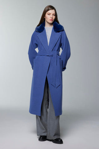 Kürk Yaka Detaylı Kuşaklı K.mavi Kaban 14086