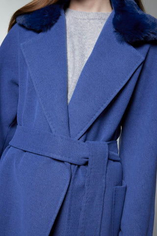 Kürk Yaka Detaylı Kuşaklı K.mavi Kaban 14086
