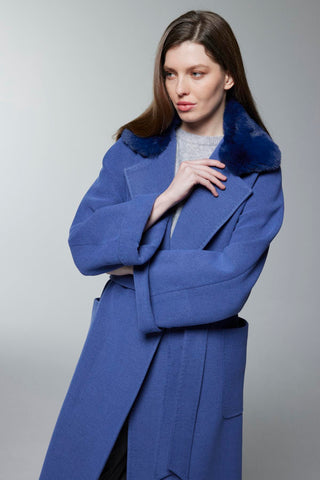 Kürk Yaka Detaylı Kuşaklı K.mavi Kaban 14086