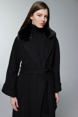 Kürk Yaka Detaylı Kuşaklı Siyah Kaban 14086