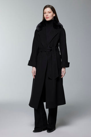 Kürk Yaka Detaylı Kuşaklı Siyah Kaban 14086