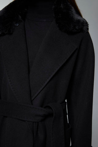 Kürk Yaka Detaylı Kuşaklı Siyah Kaban 14086