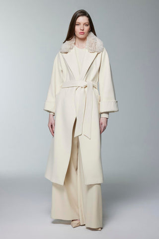 Kürk Yaka Detaylı Kuşaklı Vanilya Kaban 14086