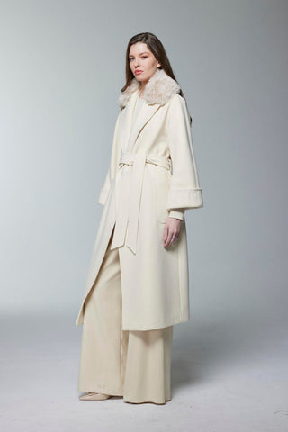 Kürk Yaka Detaylı Kuşaklı Vanilya Kaban 14086