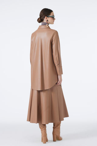 Gömlek Yaka Aksesuar Detaylı Deri Camel Tunik 1598