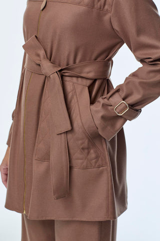 Zipper and Belt Detail Jacket and Trousers Two-Piece Mocha Set 1634
