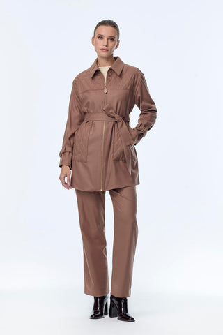 Zipper and Belt Detail Jacket and Trousers Two-Piece Mocha Set 1634
