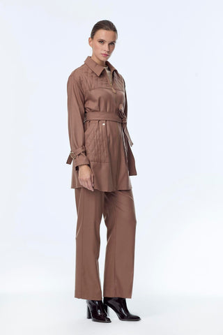 Zipper and Belt Detail Jacket and Trousers Two-Piece Mocha Set 1634