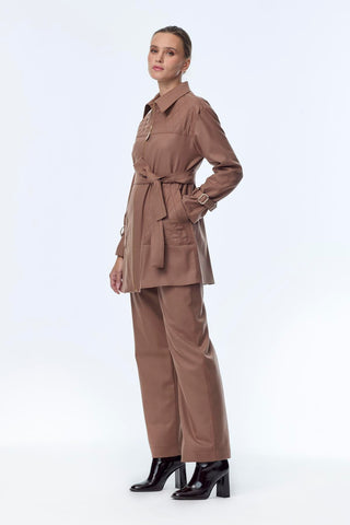 Zipper and Belt Detail Jacket and Trousers Two-Piece Mocha Set 1634
