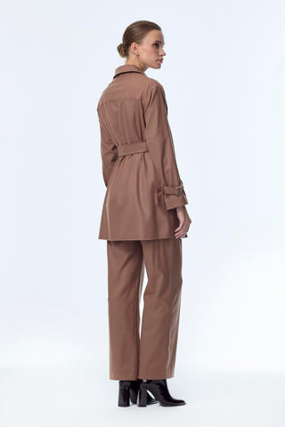 Zipper and Belt Detail Jacket and Trousers Two-Piece Mocha Set 1634