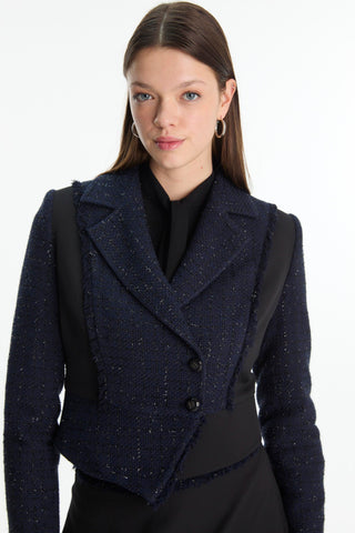 Tweed Patterned Jacket and Skirt Two-Piece Black Set 1661