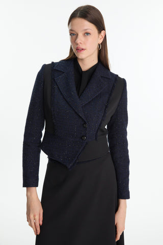 Tweed Patterned Jacket and Skirt Two-Piece Black Set 1661