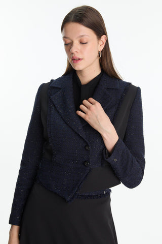 Tweed Patterned Jacket and Skirt Two-Piece Black Set 1661