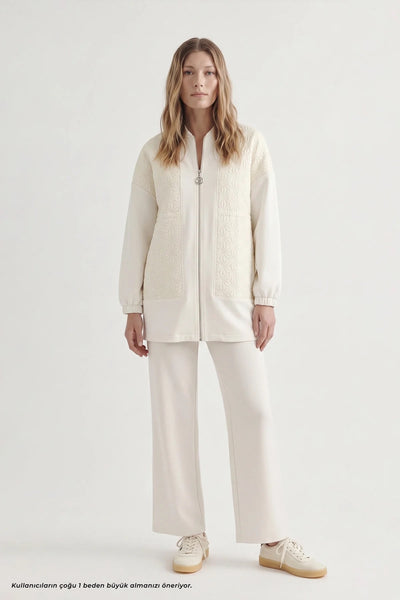 Cream Zipped Jacket and Trousers Two-Piece Set with Gathered Waist 1683