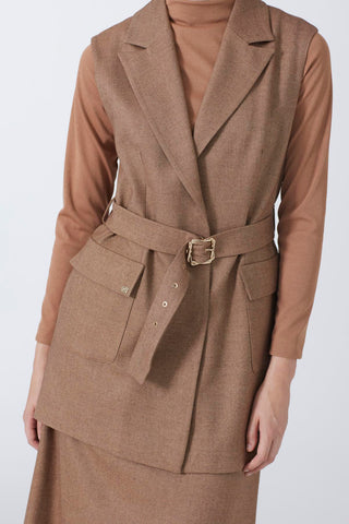 Double-breasted collar, belt and pocket detail combination set in tan, 1693.