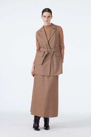 Double-breasted collar, belt and pocket detail combination set in tan, 1693.