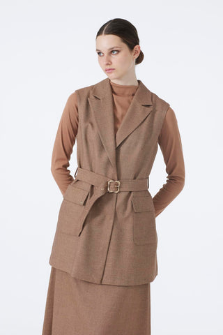 Double-breasted collar, belt and pocket detail combination set in tan, 1693.