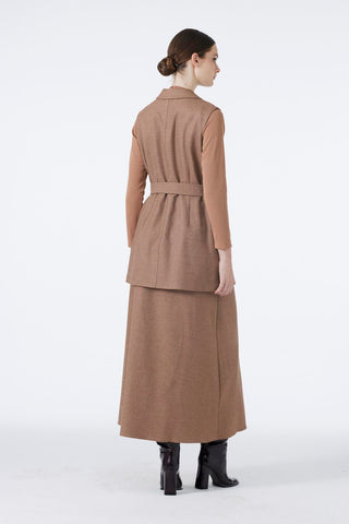 Double-breasted collar, belt and pocket detail combination set in tan, 1693.