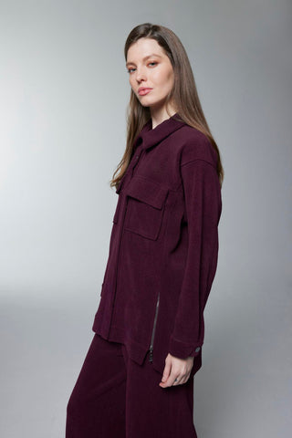 Textured Two-Piece Set with Pocket and Zipper Details, Burgundy Set 1697