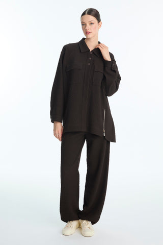 Textured Two-Piece Set with Pocket and Zipper Details, Coffee Set 1697