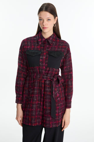 Tweed Desenli Kuşaklı Ikili Mürdüm Takım 1704