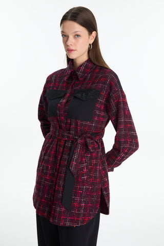 Tweed Patterned Belted Two-Piece Burgundy Set 1704