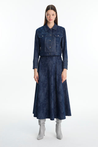 Shirt Collar Button-Down Jacket and Skirt Two-Piece Navy Blue Suit 1705