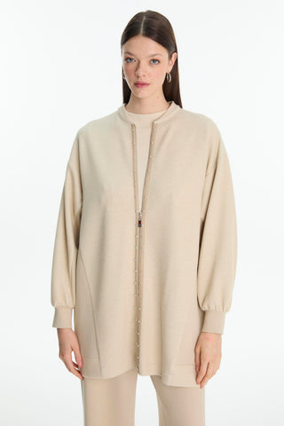Zippered Jacket and Trousers Two-Piece Set with Stone Details, Beige, Set 1714
