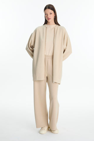 Zippered Jacket and Trousers Two-Piece Set with Stone Details, Beige, Set 1714