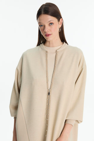 Zippered Jacket and Trousers Two-Piece Set with Stone Details, Beige, Set 1714