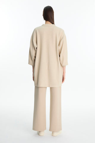 Zippered Jacket and Trousers Two-Piece Set with Stone Details, Beige, Set 1714