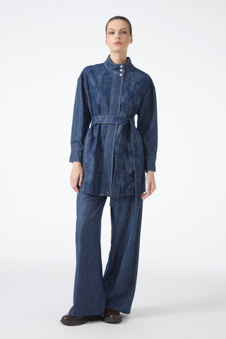 Kuşaklı Ceket Pantolon Ikili Lacivert Takım 1718