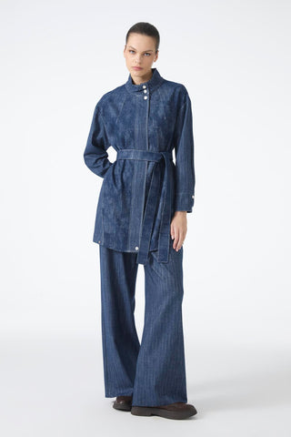 Kuşaklı Ceket Pantolon Ikili Lacivert Takım 1718