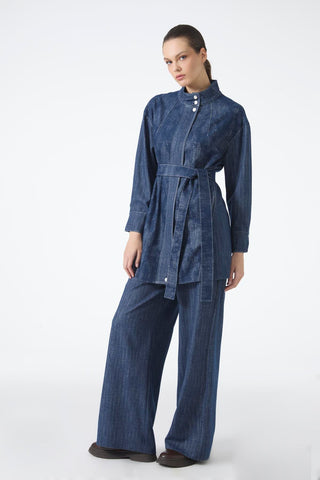 Kuşaklı Ceket Pantolon Ikili Lacivert Takım 1718