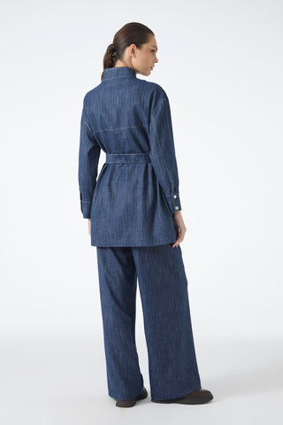 Kuşaklı Ceket Pantolon Ikili Lacivert Takım 1718