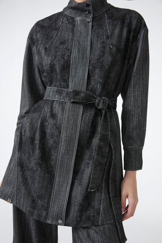 Belted Jacket and Trousers Two-Piece Black Suit 1718